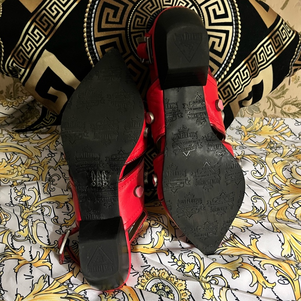 John Fluevog Red Pointed Toe Cutout Slingback Flats - Picture 5 of 5